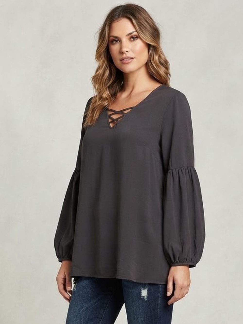 Maurice’s Gray Lantern Sleeve Lattice Neck Tunic Blouse